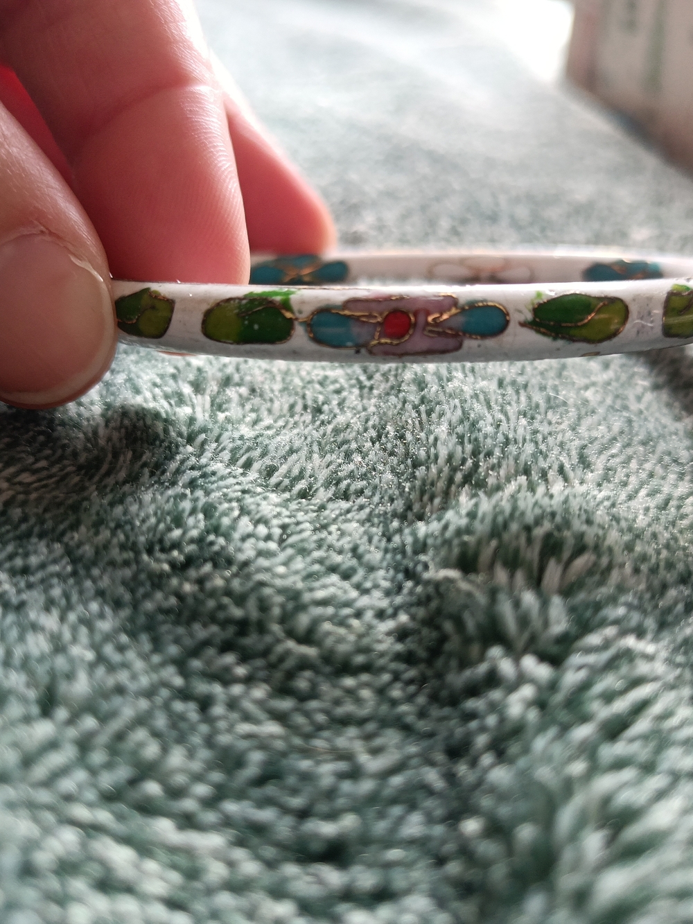 White Cloisonné Floral Bangle with Green & Turquoise Accents - Picture 2 of 4